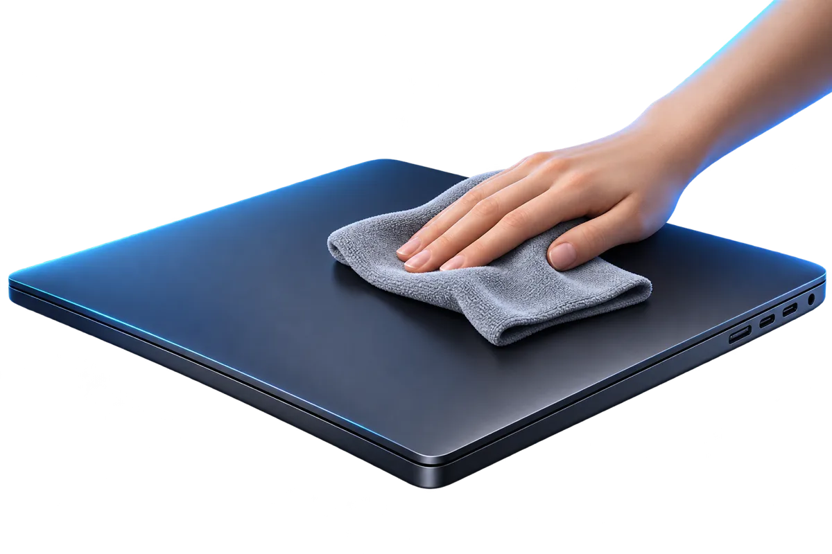 A closed MacBook with its ports and case being wiped