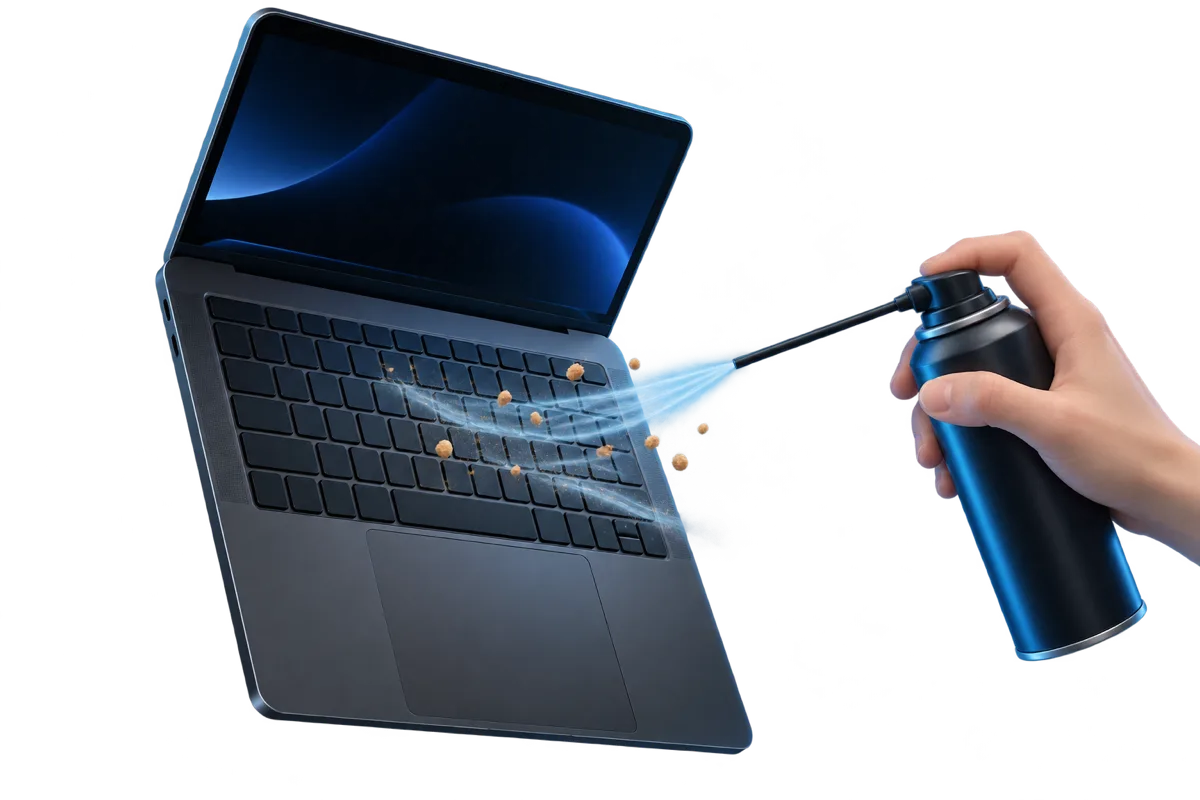 Compressed air clearing crumbs from under MacBook keys