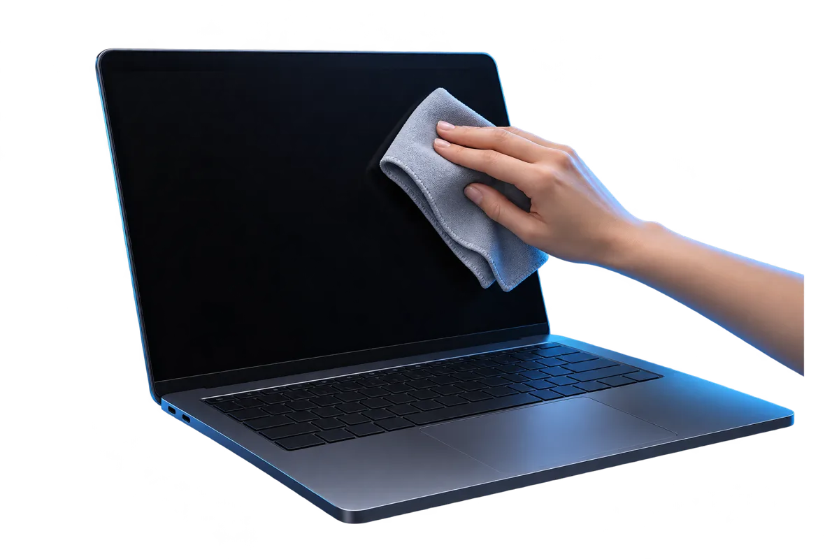 A cloth wiping a MacBook display
