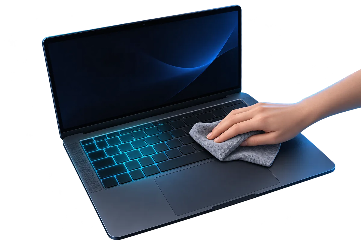 A hand wiping a MacBook keyboard with a microfiber cloth